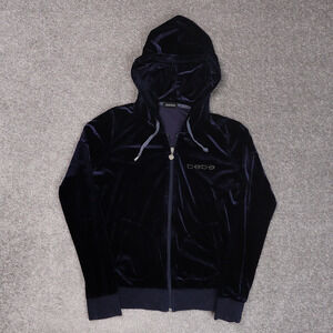 VTG Womens Bebe Velvet Small Dark Blue Long Sleeve Full Zip Rhinestone Hoodie